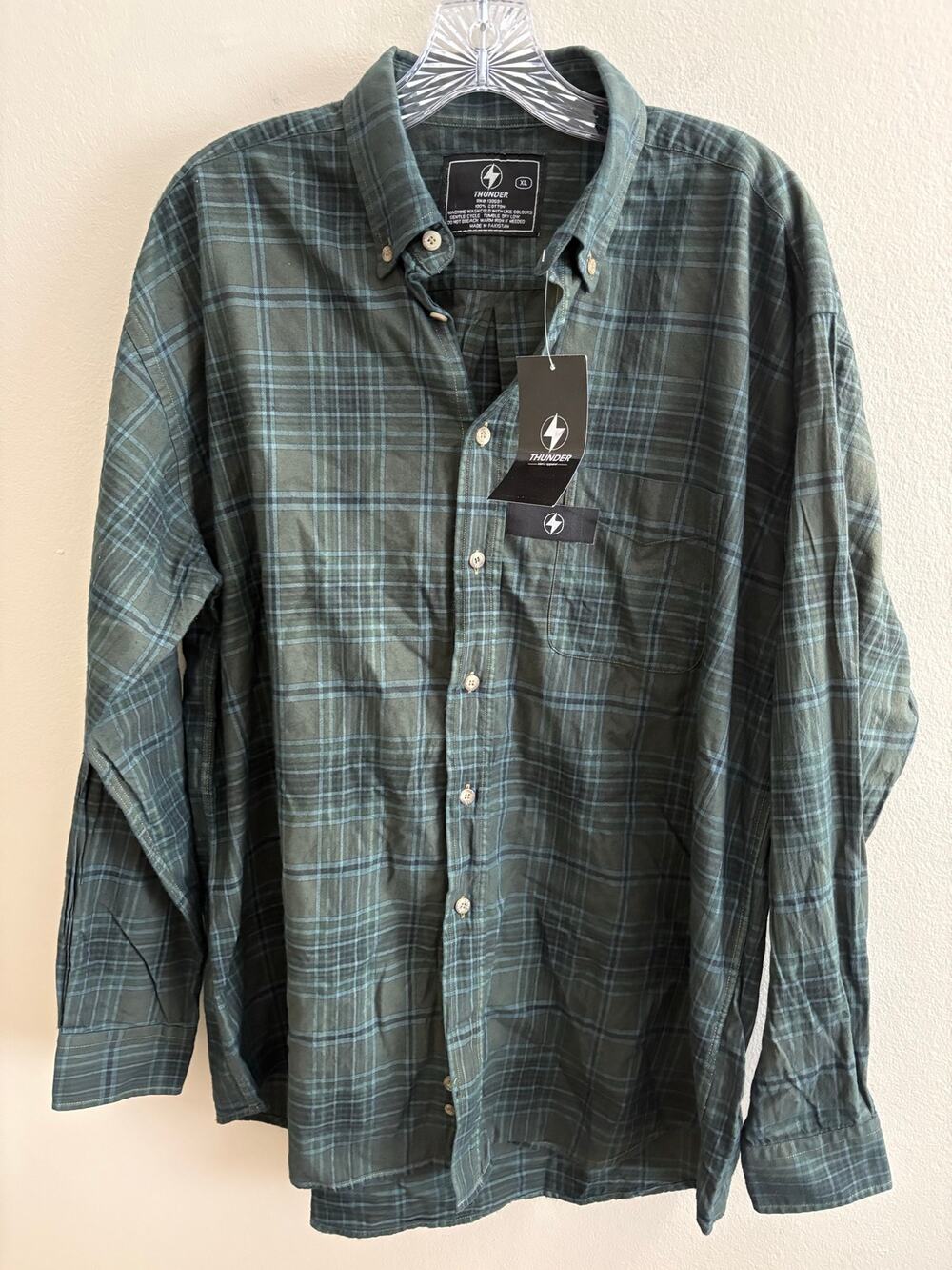 Thunder Plaid Flannel Button Down Shirt Green Blue Tartan Check Men's XL NWT
